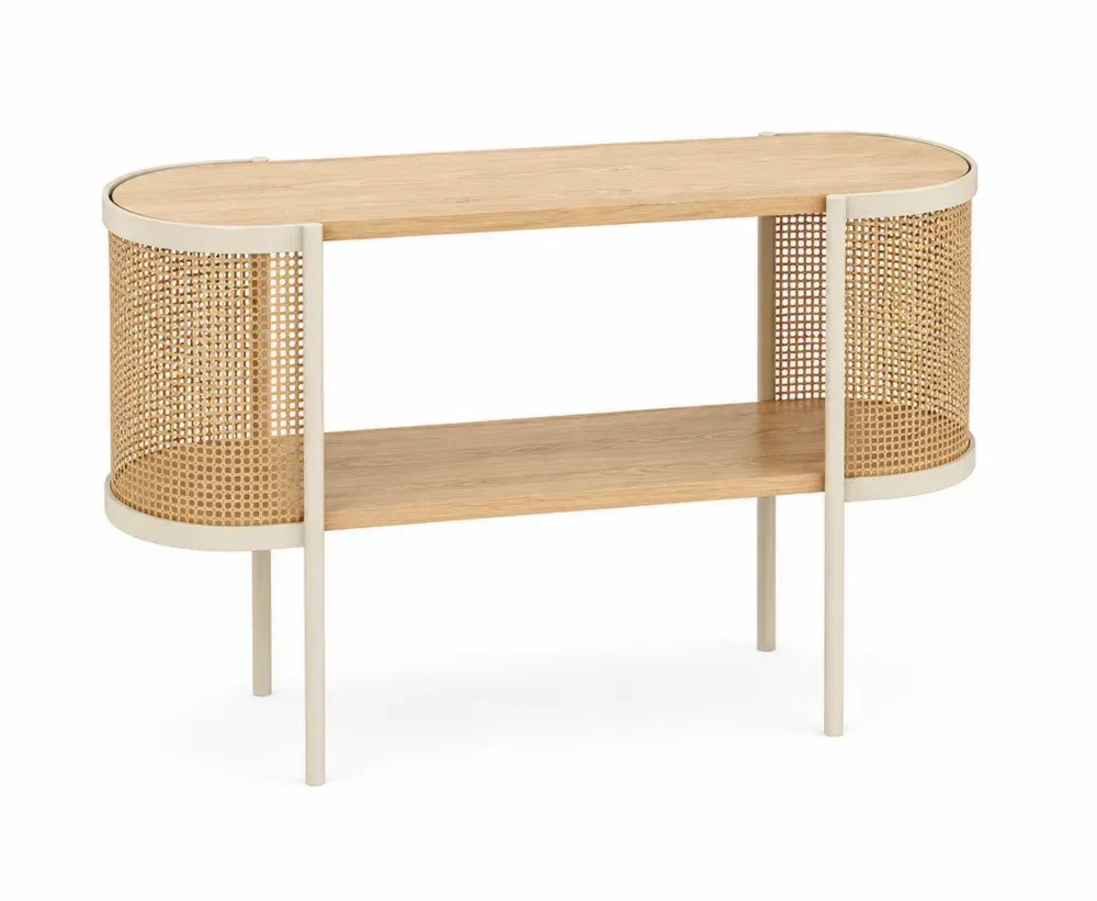 Ovaler Konsolentisch aus MDF-Holz Rattan und Metall Beige