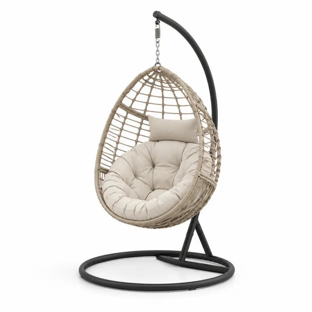 Hängesessel mit Gestell aus Stahl und handgeflochtenem Rattan Beige