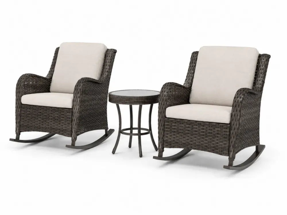 Rattan-Gartenmöbel-Set mit 2 Schaukelstühlen und Beistelltisch, Rattan/Braun/Beige