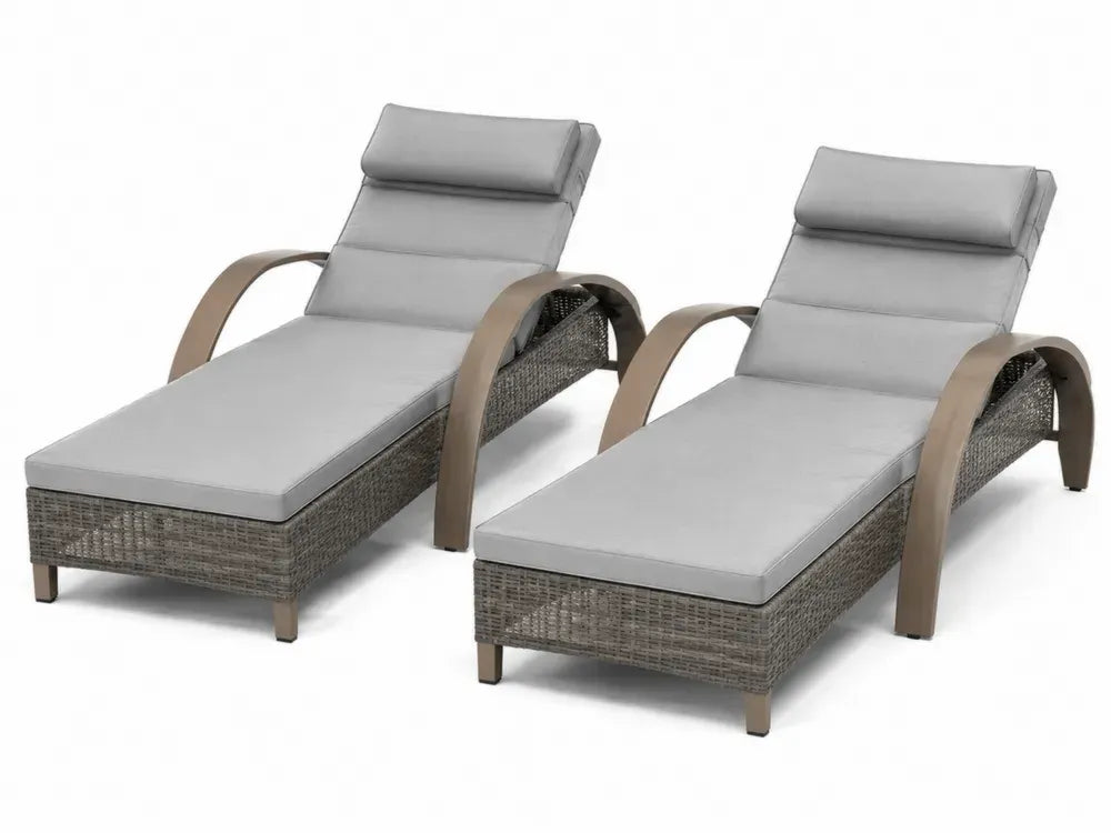 2er Set Rattan-Liegen Grau mit Kissen verstellbar
