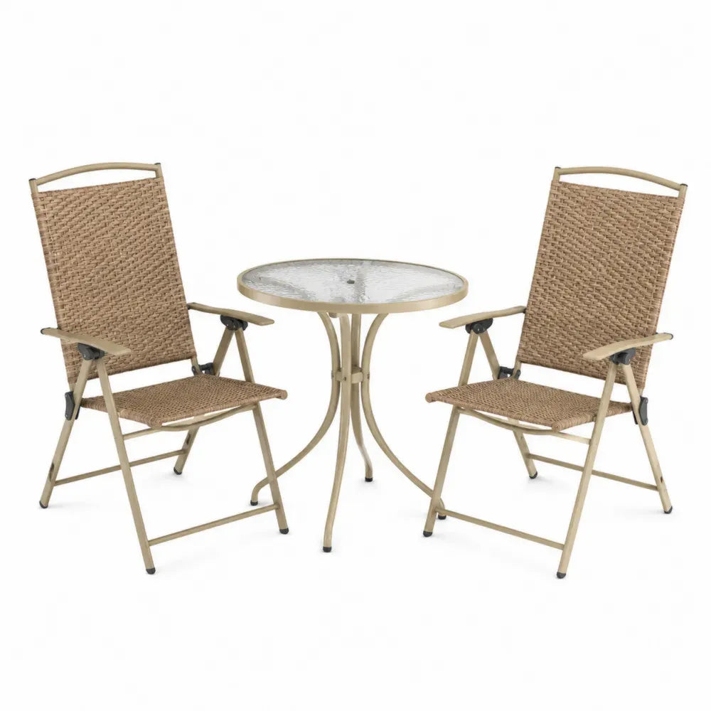 3-teiliges Gartenmöbel-Set mit rundem Tisch und 2 Klappstühlen aus Metall und Kunststoffgeflecht