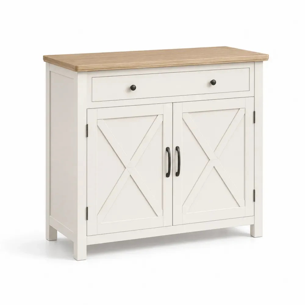 Sideboard Weiß MDF mit Eichenfurnier 90 cm x 40 cm x 80 cm