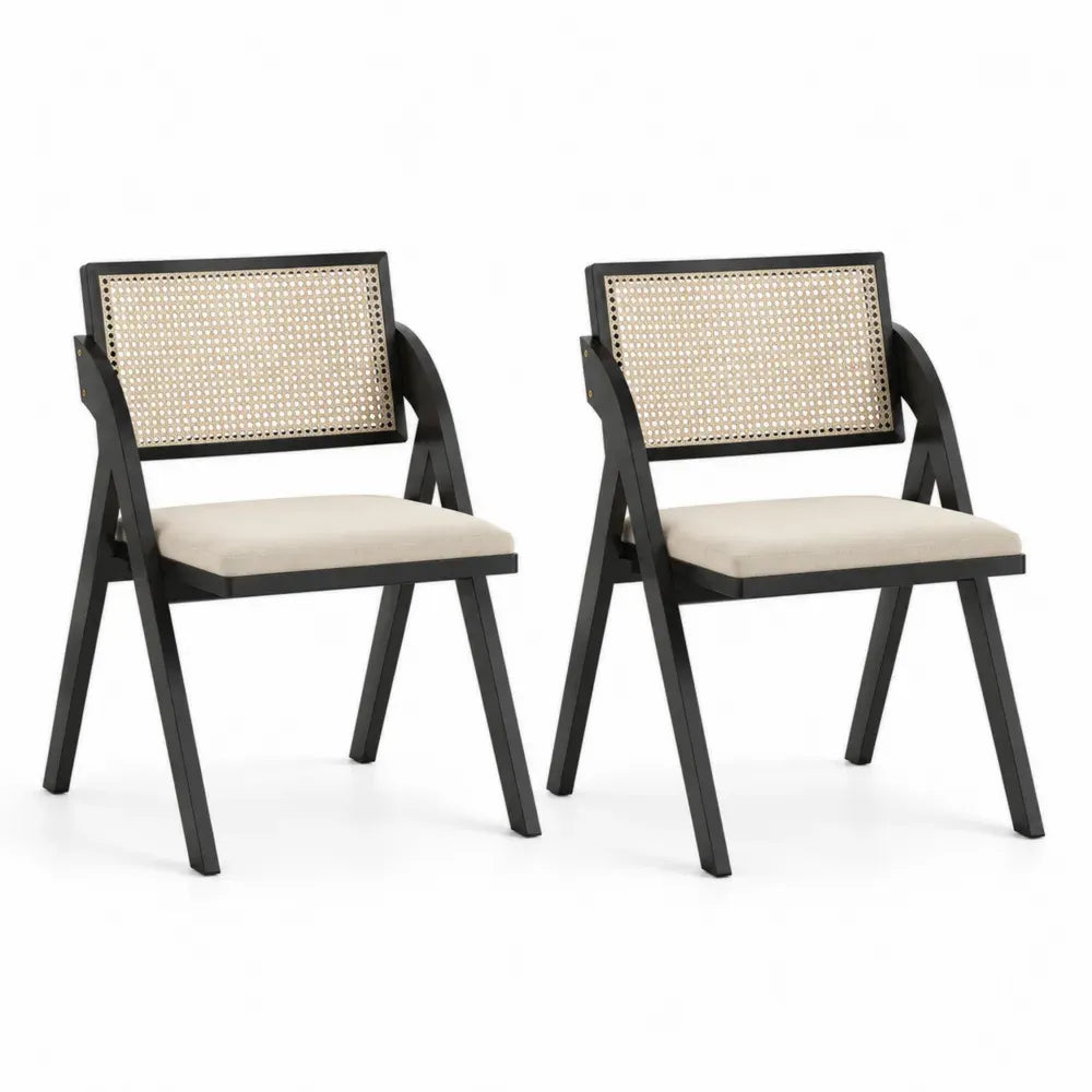 Holz- und Rattanstuhl, Schwarz und Beige, 2er-Set