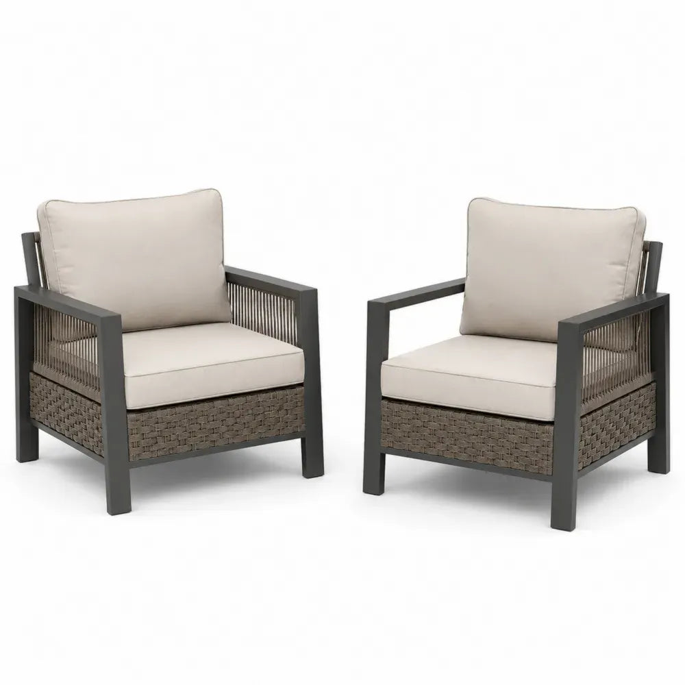 2-teiliges Gartenstuhl-Set Aluminium Rattan Grau und Beige