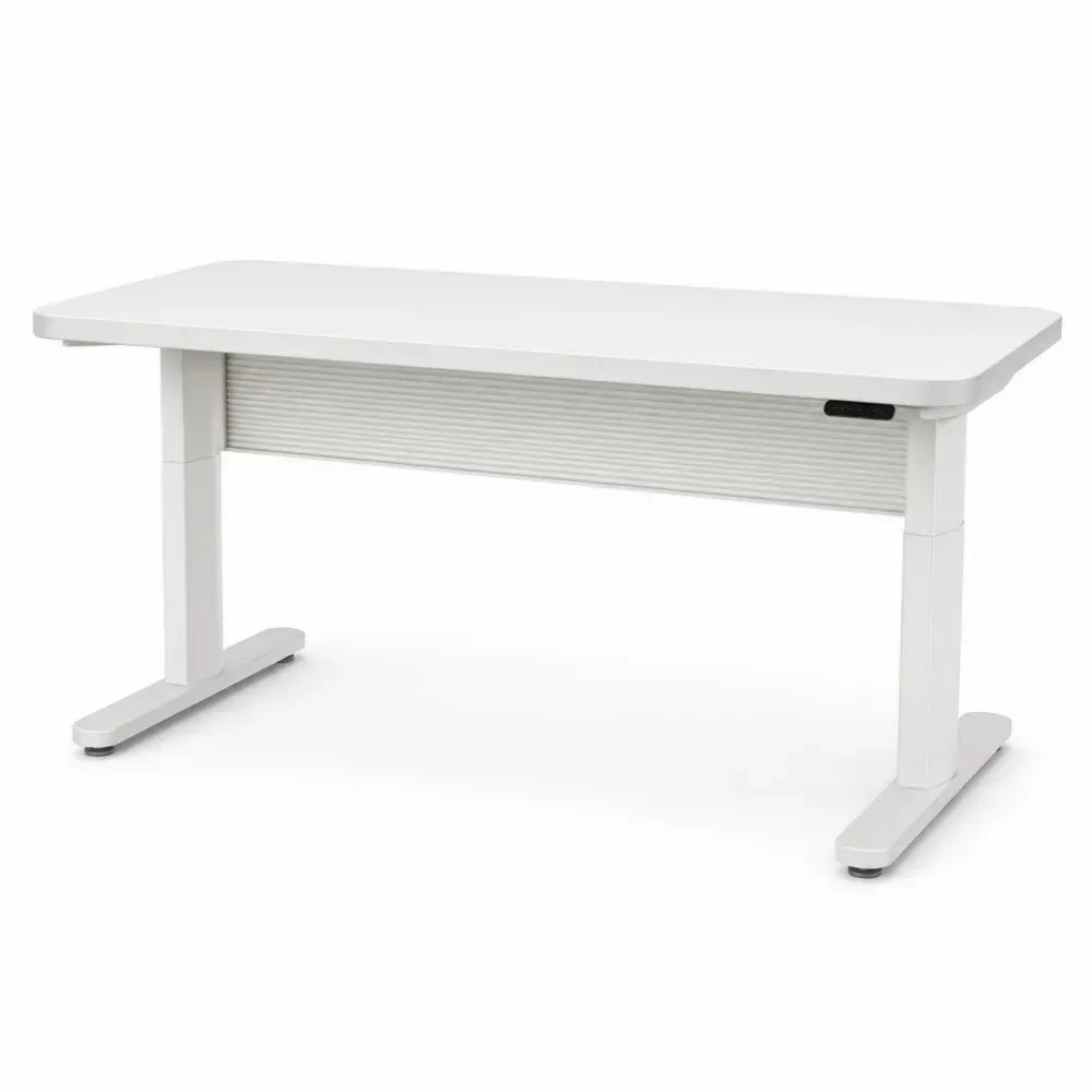 Elektrisch höhenverstellbarer Tisch mit Stahlgestell und MDF-Platte in Weiß
