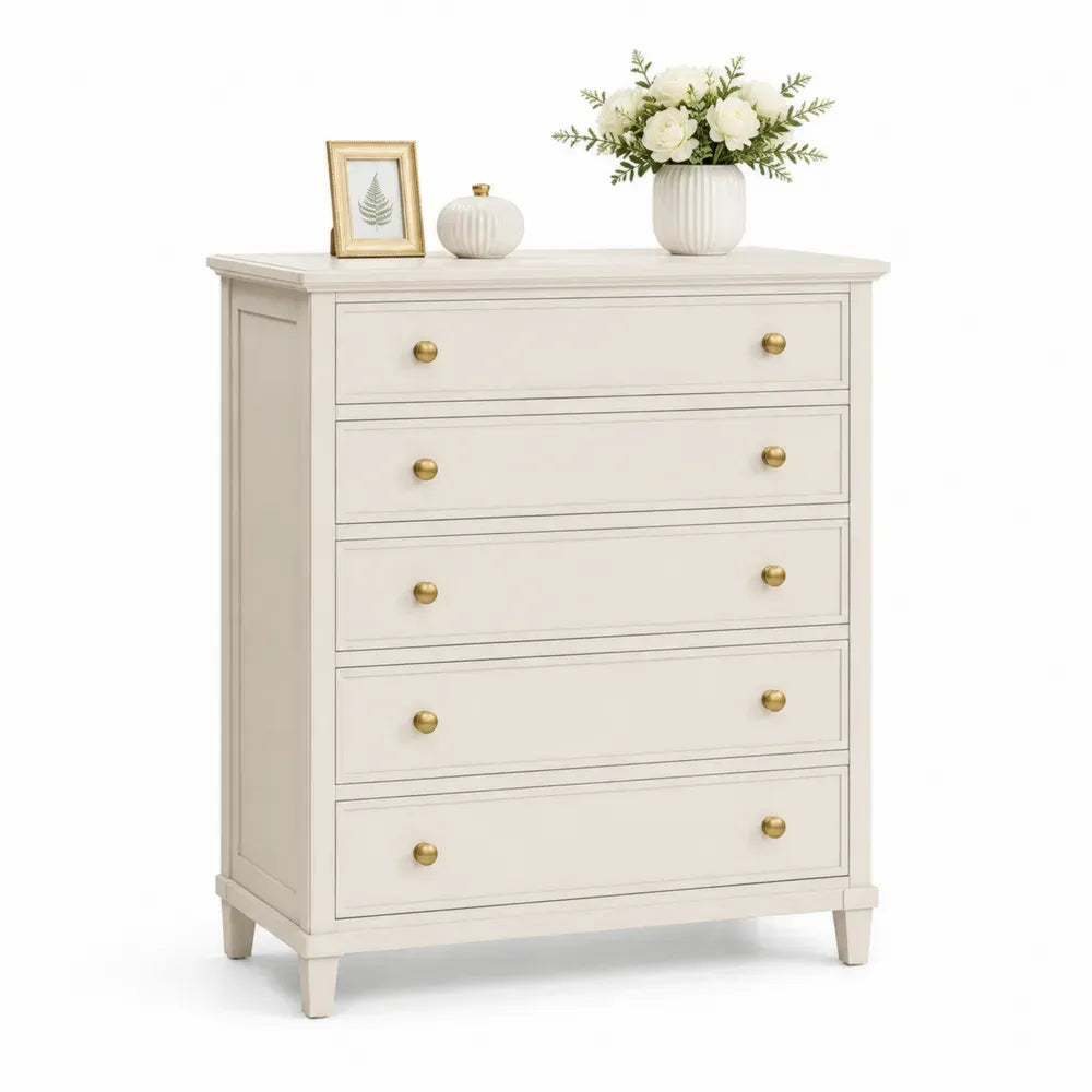 Holzkommode mit 5 Schubladen in Beige und Gold