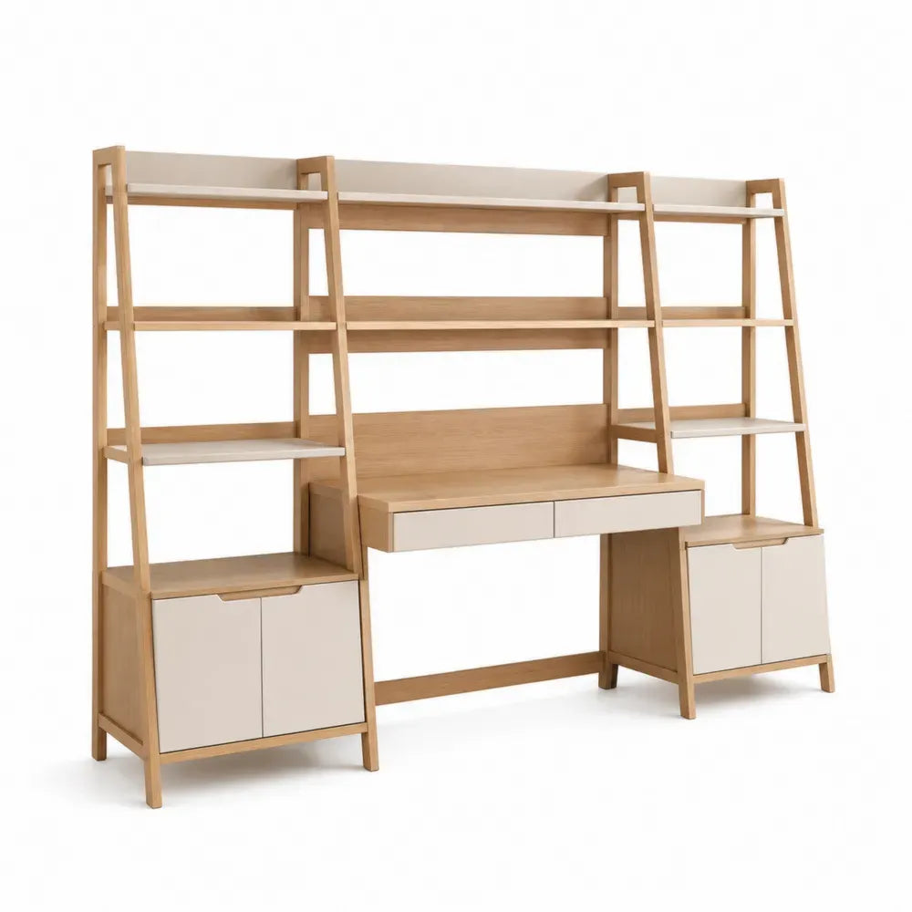 Regal-Schreibtisch-Set Eiche Weiß mit 2 Schubladen