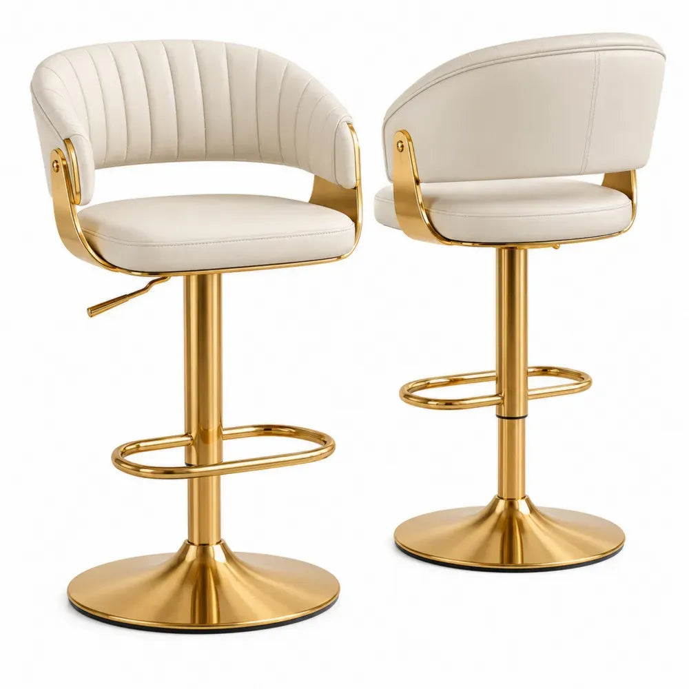 2er Set Barhocker Kunstleder Weiß Gold Edelstahl