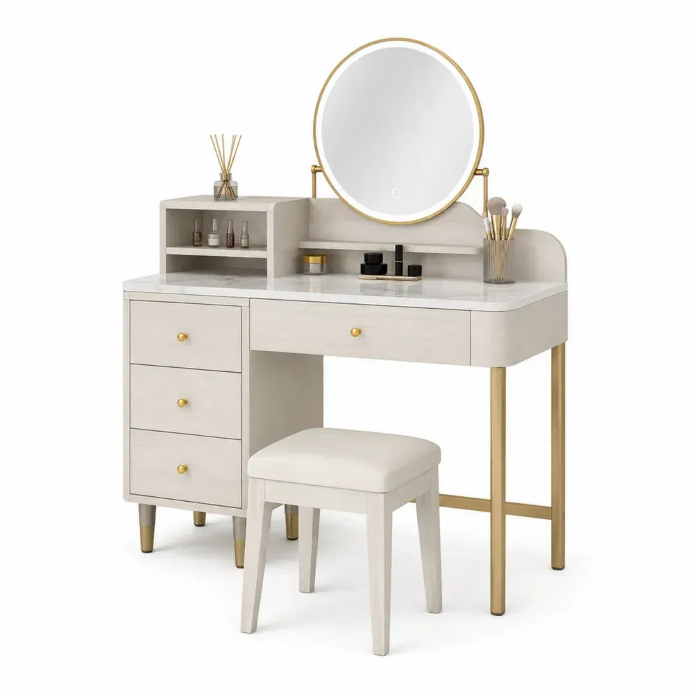Schminktisch aus MDF und Metall in Weiß und Gold mit Hocker und Spiegel
