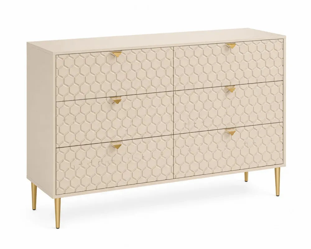 Kommode mit sechseckigem Muster Beige 6 Schubladen MDF-Holz und Metall