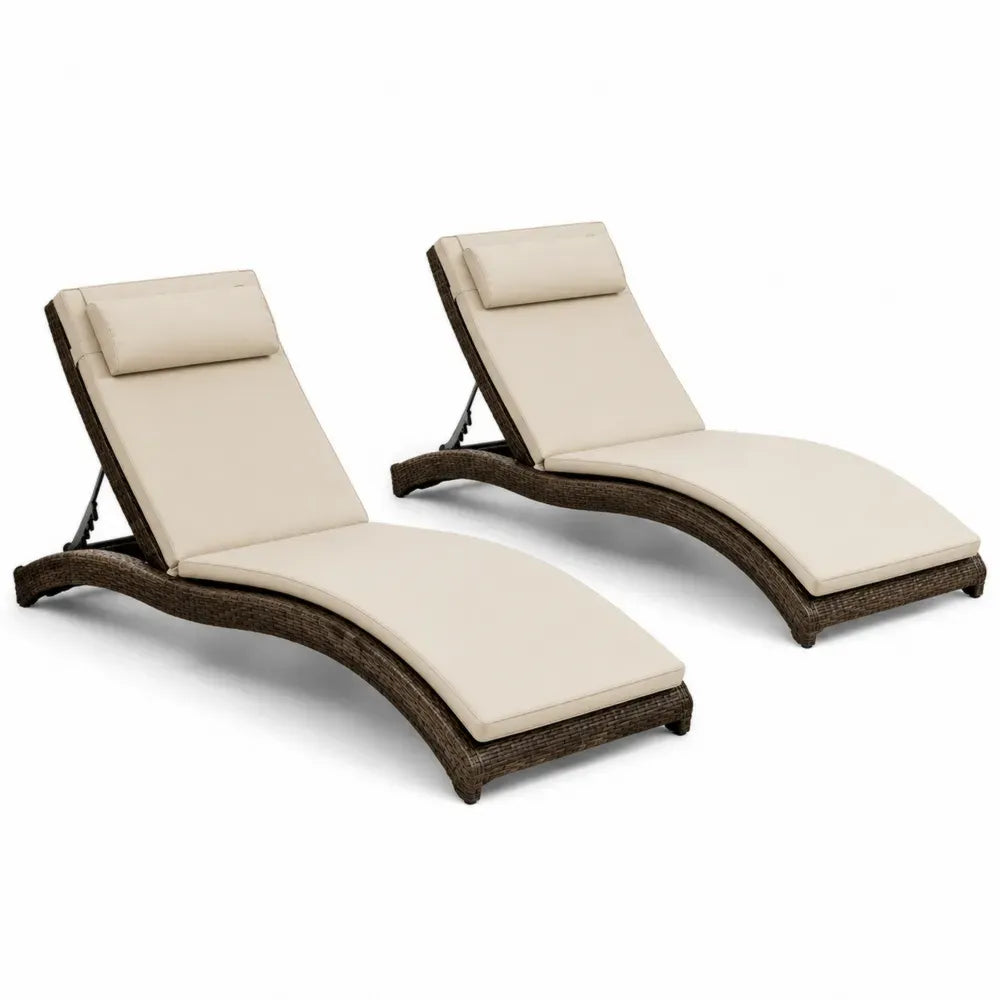 2er Set Sonnenliegen mit verstellbarer Rückenlehne, PE-Rattan, Beige