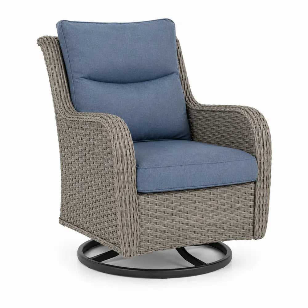 Drehbarer Polyrattan-Gartenstuhl mit Polyesterkissen, Grau/Blau
